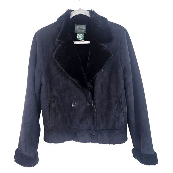 Ralph Lauren Womens Faux Suede Jacket Double Breasted Faux Fur Collar Sz M Black - Picture 1 of 10